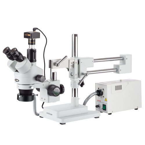 AmScope 7X-90X Simul-Focal Stereo Zoom Microscope on Boom Stand with Fiber Light and 14MP Camera