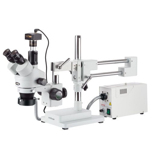 AmScope 3.5X-45X Simul-Focal Stereo Zoom Microscope on Boom Stand with Fiber Light and 14MP Camera