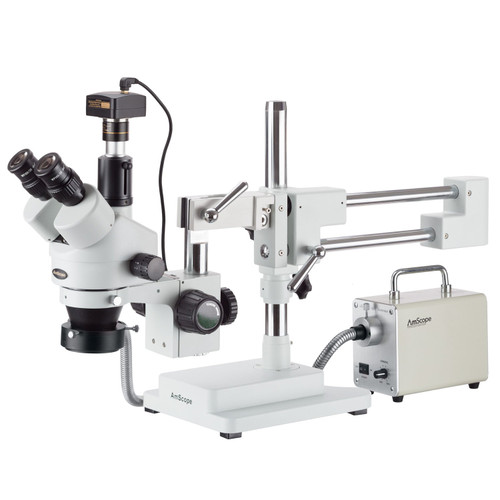 AmScope 3.5X-90X Simul-Focal Trinocular Boom Stereo Microscope with LED Fiber Light and Camera