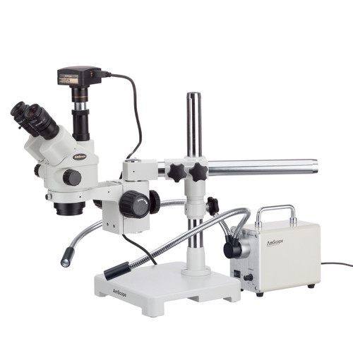 AmScope 3.5X-180X Simul-Focal Stereo Zoom Microscope with Dual-Arm LED Fiber Optic Light and 5MP USB3 Camera