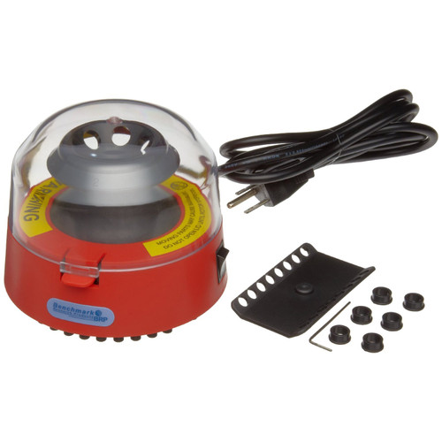 Benchmark Scientific Red mini-centrifuge with 2 rotors