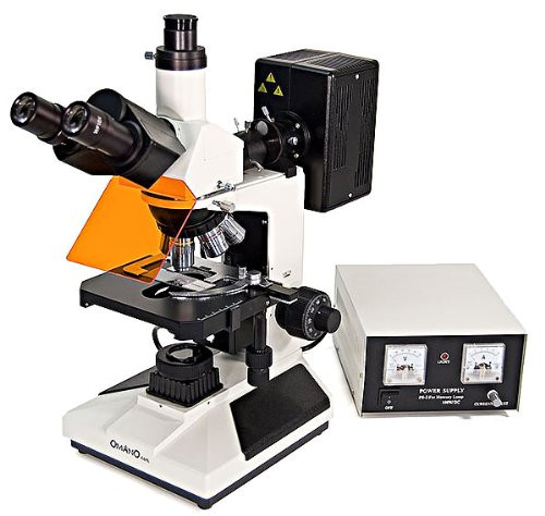 Omano OMFL400 - Trinocular - Upright Fluorescence Compound Microscope - 4pc Plan Objective Lenses - 2pc FL Objectives - 100W Mercury Lamp - Centering Telescope - Integrated Halogen Illumination
