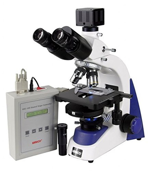 UNICO G390-LED Microscope, Binocular, 10X Wide Field Eyepiece, 4X, 10X, 40X, 100X, Achromat, NA 1.25 Condenser, Heated Stage, LED Illuminated