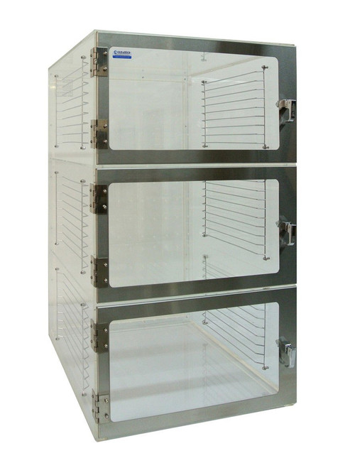 Three-Door Desiccator Cabinet Clear Acrylic, 24Wx18Dx36H in. with Gas ports, Racks & Shelves