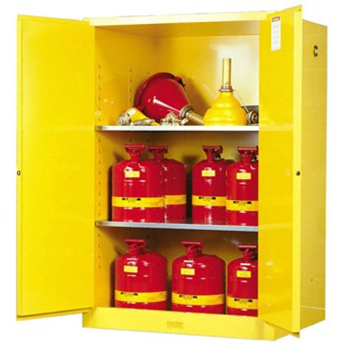 JUSTRITE MANUFACTURING 899000 Yellow 18 Gauge CR Steel Sure-Grip EX Flammable Safety Cabinet with 2 Manual-Close Door, 90 gal Capacity, 43" W x 65" H x 34" D, 2 Shelves