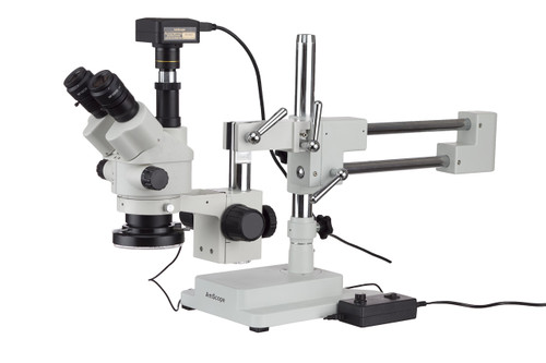 AmScope 3.5X-90X Simul-Focal Stereo Zoom Microscope on Boom Stand with an LED Light and 10MP USB3 Camera