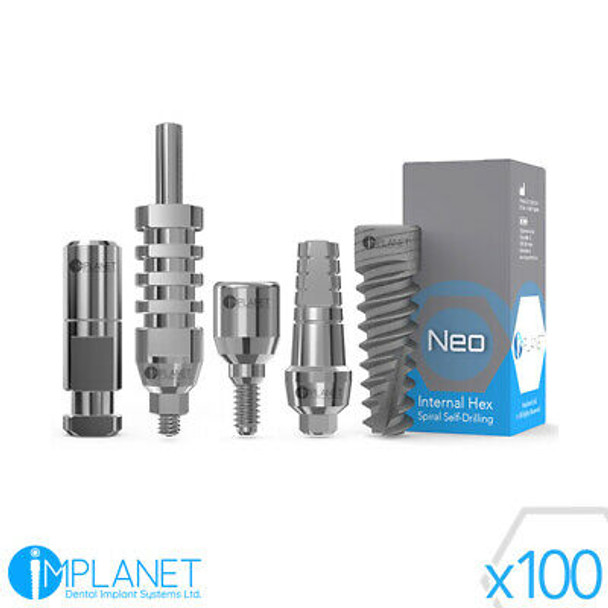 100 X Neo® Dental Implant + Straight Abutment + Healing Cap + Transfer + Analog
