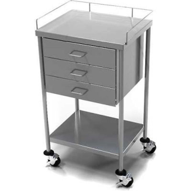 AERO Stainless Steel Anesthesia Utility Table with 3 Drawers & Guard Rail Top Shelf