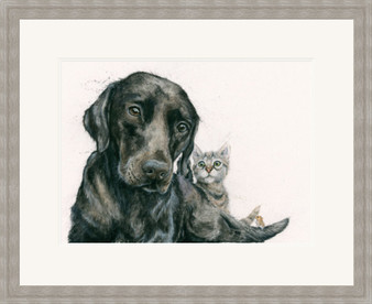 lab, Labrador retriever Dog, cat & mouse painting by Kay Johns, double white mount and medium grey frame
