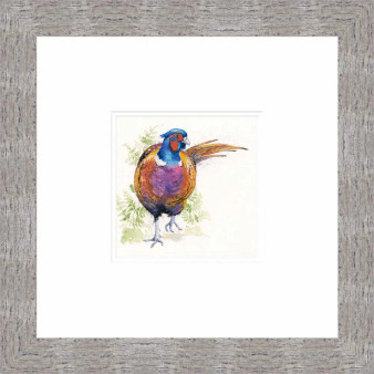 Gouache painting of a colourful male pheasant titled "To The Manor Born" by artist Kay Johns, Shown in a Grey wood frame