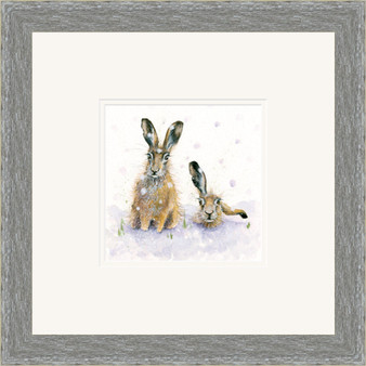 Grey Framed. 'In It Together' hand-embellished hare artwork by Kay Johns 