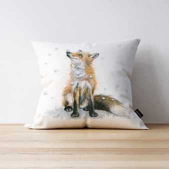 Let It Snow fox cushion. Artwork by Kay Johns