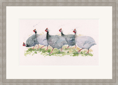 Chicken print by artist Kay Johns, size medium, double white mount, grey framed