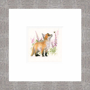Fox Cub with foxglove flowers in the background shown in a grey frame titled "Bee's Knee's" by artist Kay Johns