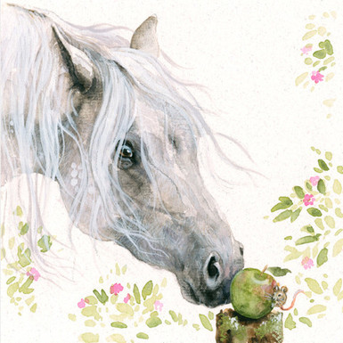 A painting of a grey horse sniffing a green apple and a mouse hiding behind the apple , green and pink follage around the painting. 