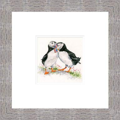 Two loving puffins by Kay Johns grey frame option