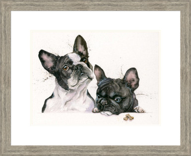 French Bull dogs, painting  by Kay Johns. Medium grey framed version