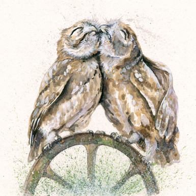 Original cuddling little owls by Kay Johns