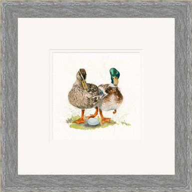Duck hand embellished artwork by Kay Johns, in a grey frame