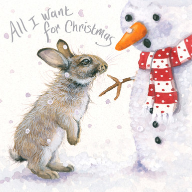 'All I want for Christmas' Rabbit/snowman Christmas  card by Kay Johns - front image