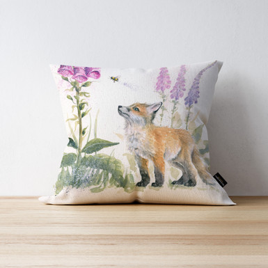 Kid Gloves - Fox cub cushion by Kay Johns