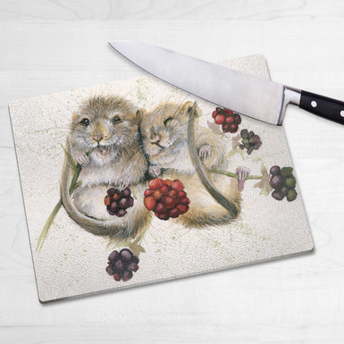Glass chopping board-Chuckle Berries. Artwork by Kay Johns