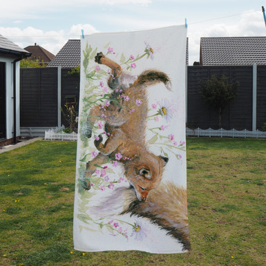 Towel - Naughty But Nice. Fox cub. Artwork by Kay Johns