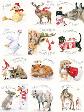All 12 designs of the Christmas card pack 2, including a donkey, cat, fox, and puppy