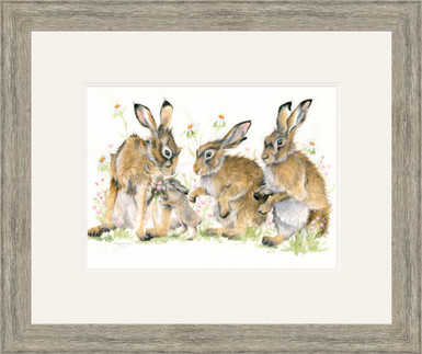 Hare and leveret painting by Kay Johns, small grey framed