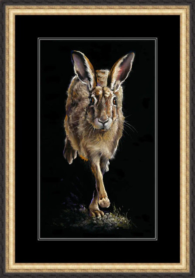 A dynamic wildlife print of a hare in mid-stride, captured with intricate detail. shown in a black and gold frame 