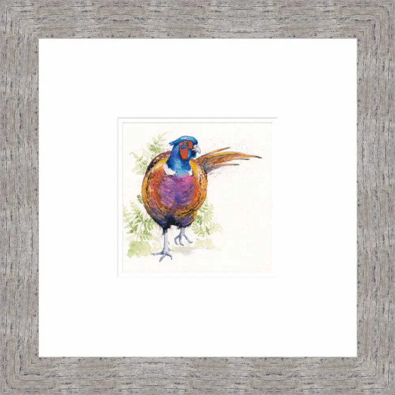 Gouache painting of a colourful male pheasant titled "To The Manor Born" by artist Kay Johns, Shown in a Grey wood frame