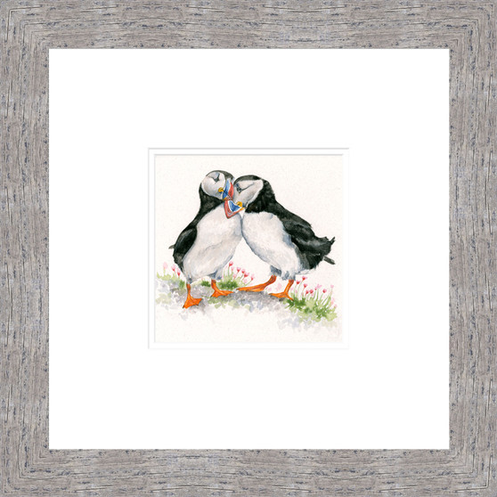 Two loving puffins by Kay Johns grey frame option