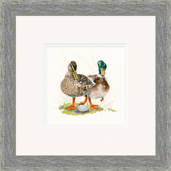 Duck hand embellished artwork by Kay Johns, in a grey frame