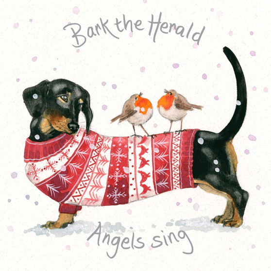 'Bark the Herald Angels' Sausage dog Christmas  card by Kay Johns - front & rear image