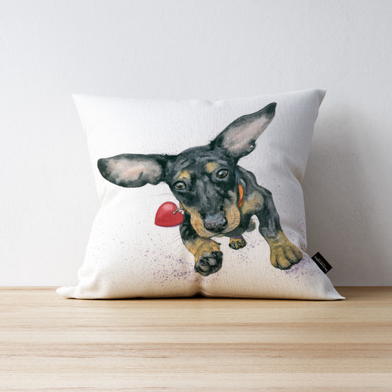 Incoming Kisses sausage dog cushion by Kay Johns