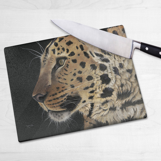 Glass chopping board- Prince of Amur. Artwork by Kay Johns