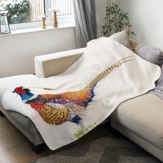 Fleece blanket - Country Bumpkin. Quirky Pheasant.  Artwork by Kay Johns