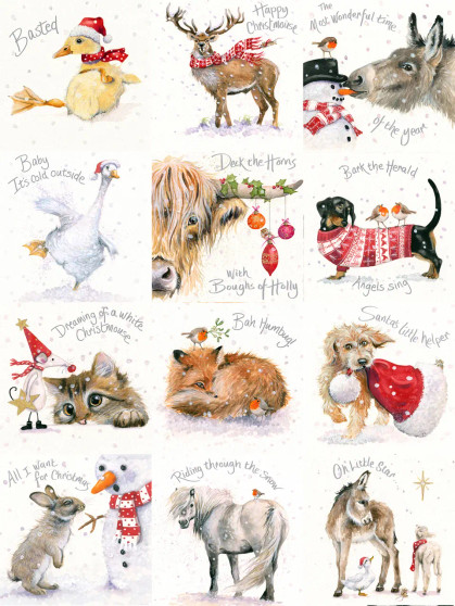 All 12 designs of the Christmas card pack 2, including a donkey, cat, fox, and puppy