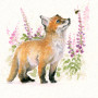 Fox Cub with foxglove flowers in the background titled "Bee's Knee's" by artist Kay Johns