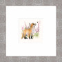 Fox Cub with foxglove flowers in the background shown in a grey frame titled "Bee's Knee's" by artist Kay Johns