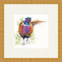 Gouache painting of a colourful male pheasant titled "To The Manor Born" by artist Kay Johns, Shown in a Gold wood frame