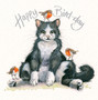 Happy Bird-Day - Cat & robin card by Kay Johns - front view