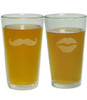 His and Her's Lips and Mustache Gift Set with 2 16oz. Laser Engraved Pint Glasses / Beer Glasses