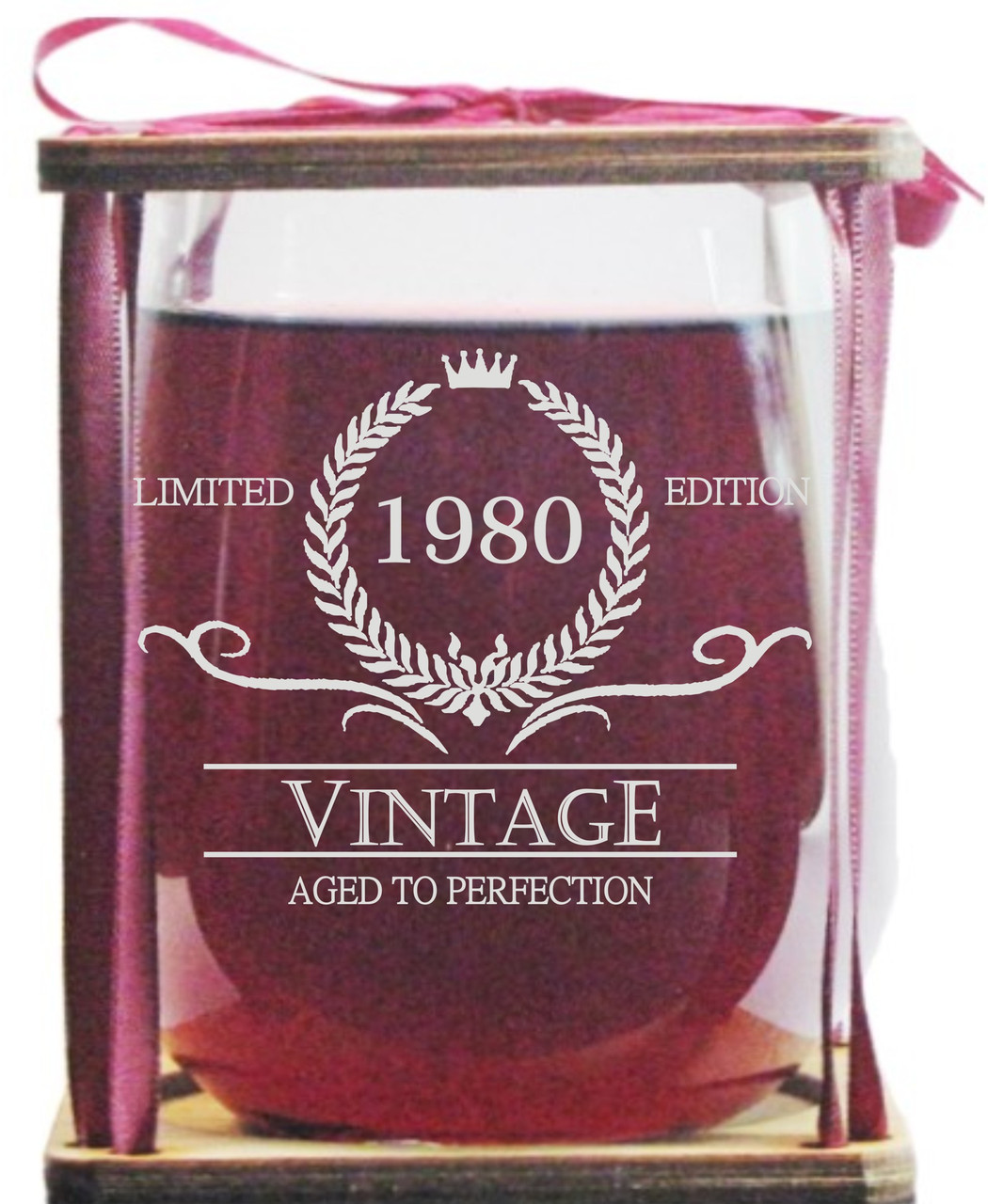 Vintage 1980 Limited Edition - Aged To Perfection Stemless Wine Glass and Presentation Packaging