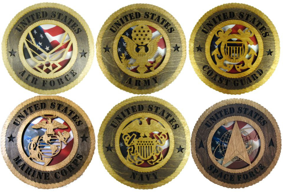 6 Branch Set Laser Cut Military 8" Wall Plaques with American Flag