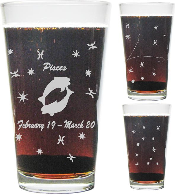 Pisces Astrological Sign 16oz. Heavy Duty Laser Engraved Pint Glass / Beer Glass