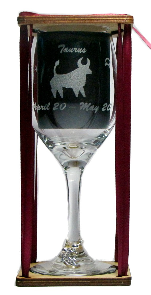 Taurus Astrological Sign Stemmed Wine Glass with Charm and Presentation Packaging