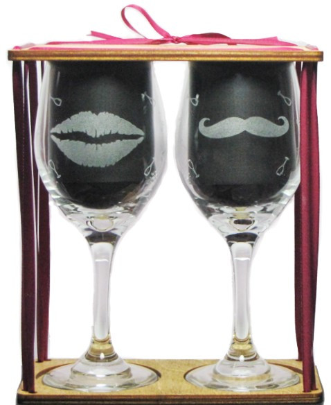 His and Her's Lips and Mustache Stemmed Wine Glasses with Charms and Presentation Packaging