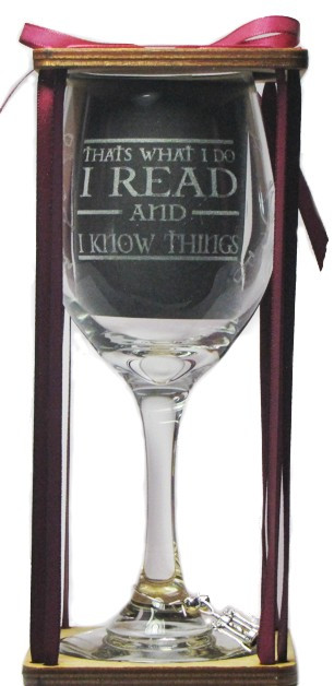I Read and I Know Things Stemmed Wine Glass with Charm and Presentation Packaging