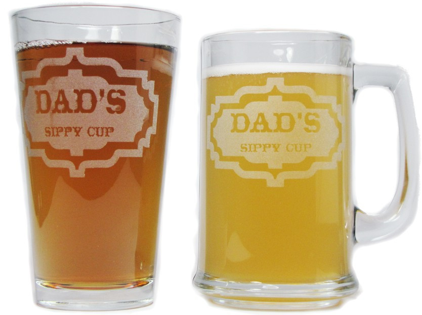 Dad's Sippy Cup Beer Mug and Pint Glass Gift Set - 15oz Engraved Beer Mug with 16oz Pint Glass-Permanently Etched - Fun & Unique Gift!